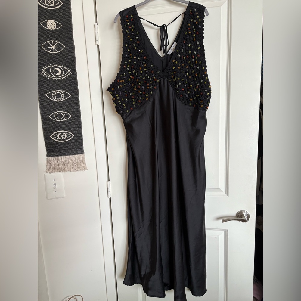 Never Fully Dressed Black Midi Dress with Multicolor Beaded Bodice